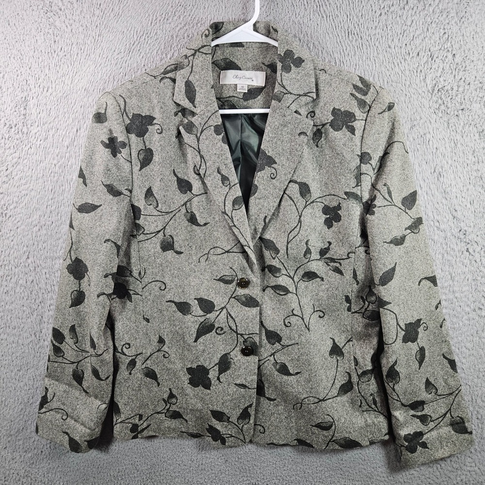 Vintage Oleg Cassini Women's Gray Floral Blazer Jacket Size 16 Wool Blend Lined